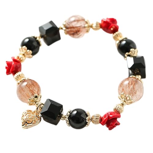 Natürliches Kristallarmband Feng Shui Lucky Rose Charm Hollow Out Pendant Schwarzer Onyx Rot -Rutilated Quarz Perlen Elastic Armband für Frauen Mädchen Weiblichkeit Liebe viel Glück Wohlstand Zimt von YIHANSS