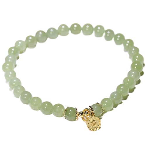 Natural Green Hetian Jade Armband Feng Shui vergoldete glückliche Lotus Samenpod Charm Anhänger 6 mm Nephrite Perlenarmband für Frauen Mädchen Weiblichkeit Langlebigkeit Liebe Wohlstandsmeditation von YIHANSS