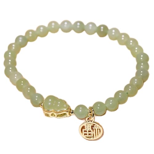 Natural Hetian Jade Armband Feng Shui Lucky Wu Lou/Chinese Fu Charakter Charme Anhänger Rund Nephrite 6 mm Perlenarmband Talisman für Frauen Reichtum Glück Luck Wohlstand Meditation Yoga, Fu Cinnabar von YIHANSS
