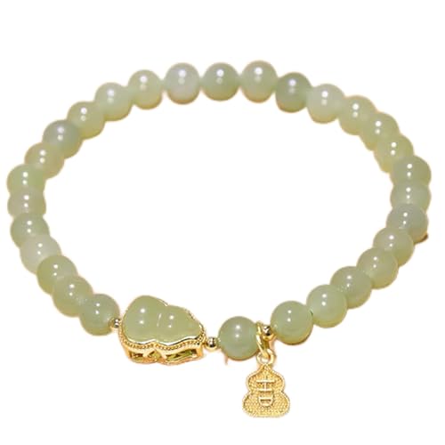 Natural Hetian Jade Armband Feng Shui Lucky Wu Lou/Chinese Fu Charakter Charme Anhänger Runde Nephrite 6 mm Perlenarmband Talisman für Frauen Reichtum Glück Luck Wohlstand Meditation Yoga, Fu von YIHANSS