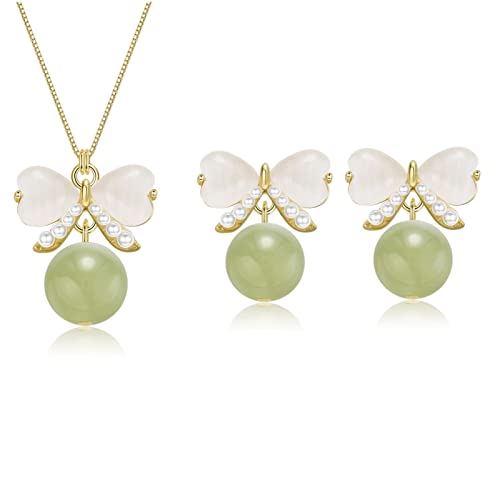 Natural Hetian Jade Schmuck Set für Frauen, zierlich glückliche grüne Jade -Bogen -Charmohrringe verstellbare Halskette, handgefertigte passende Halskette (925 Sterlingsilber mit goldenem plattiert) von YIHANSS