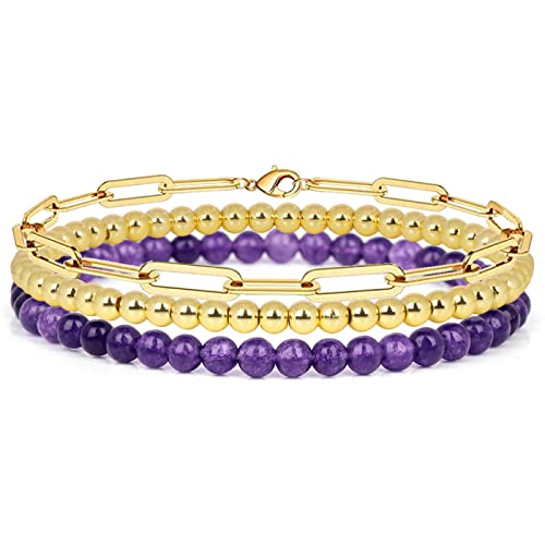 YIHANSS 3pcs Set Armband 4 mm Naturstein -Perlenarmband Set für Männer Männer Retro -Schichtkämpfer Juwely, Lava, 19 cm Kristall (Farbe: Gold, Größe: 19 cm) von YIHANSS
