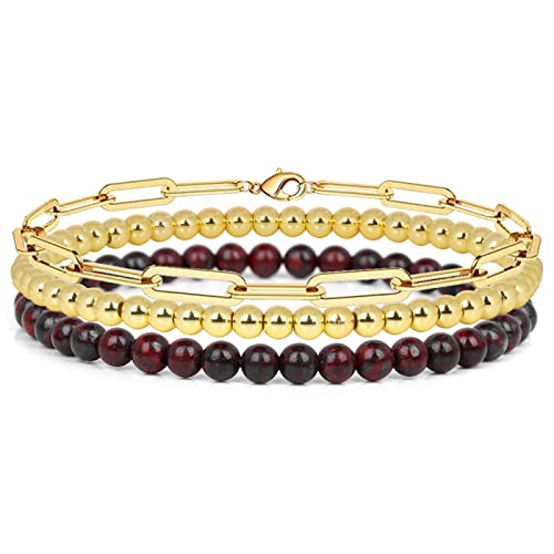 YIHANSS 3pcs Set Armband 4 mm Naturstein -Perlenarmband Set für Männer Männer Retro -Schichtkämpfer Juwely, Lava, 19 cm Kristall (Farbe: Gold, Größe: 19 cm) von YIHANSS