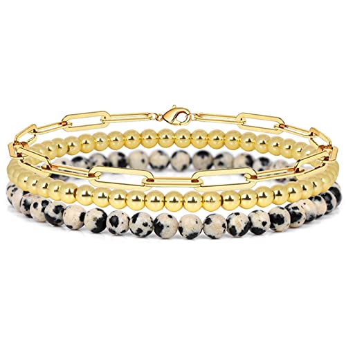 YIHANSS 3pcs Set Armband 4 mm Naturstein -Perlenarmband Set für Männer Männer Retro -Schichtkämpfer Juwely, Lava, 19 cm Kristall (Farbe: Gold, Größe: 19 cm) von YIHANSS