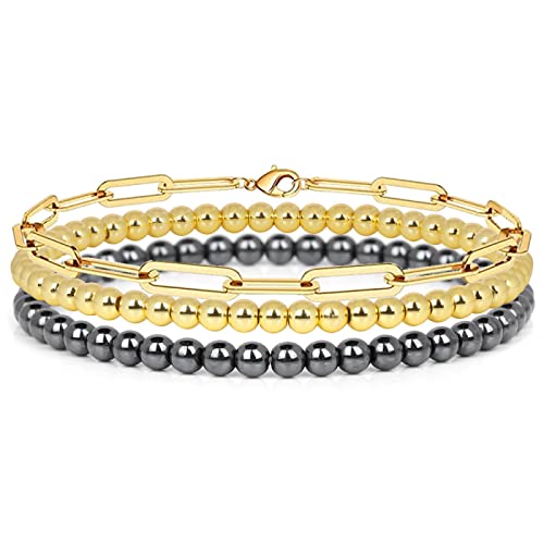 YIHANSS 3pcs Set Armband 4 mm Naturstein -Perlenarmband Set für Männer Männer Retro -Schichtkämpfer Juwely, Lava, 19 cm Kristall (Farbe: Gold, Größe: 19 cm) von YIHANSS