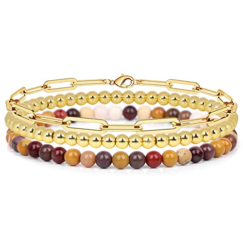 YIHANSS 3pcs Set Armband 4 mm Naturstein -Perlenarmband Set für Männer Männer Retro -Schichtkämpfer Juwely, Lava, 19 cm Kristall (Farbe: Gold, Größe: 19 cm) von YIHANSS