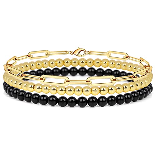 YIHANSS 3pcs Set Armband 4 mm Naturstein -Perlenarmband Set für Männer Männer Retro -Schichtkämpfer Juwely, Lava, 19 cm Kristall (Farbe: Gold, Größe: 19 cm) von YIHANSS