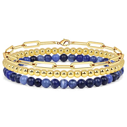 YIHANSS 3pcs Set Armband 4 mm Naturstein -Perlenarmband Set für Männer Männer Retro -Schichtkämpfer Juwely, Lava, 19 cm Kristall (Farbe: Gold, Größe: 19 cm) von YIHANSS