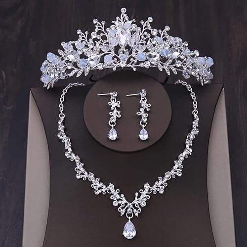 YIHANSS Haarschmuck Krone Tiaras für Frauen Barock Kristall Braut Schmuckset Vintage Gold Farbe Strass Hochzeit Tiara Kron Halskette Ohrring Set für Frauen Braut Geschenk (Farbe: Silber-02) von YIHANSS
