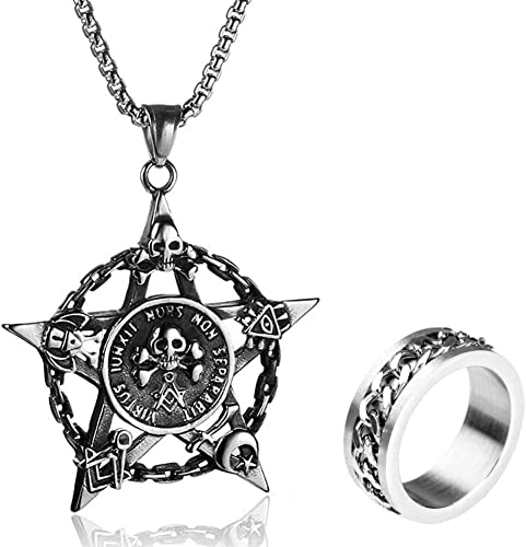 YIHANSS Halsketten Männer 316L Edelstahl Schädel Pentagramm/Friedenszeichen Halskette, Retro freimaurerische Ehe -Augenmuster Punk -Anhänger, personalisieren rotatierbarer Kettenkühlring (Größe: 7) von YIHANSS