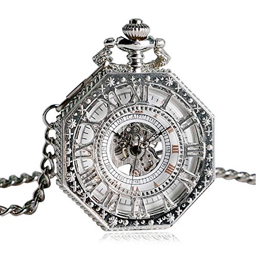 YIHANSS Handaufzug Mechanische Taschenuhr Kette Mode Silber Achteck Form Skelett Schnitzerei Männer Uhren von YIHANSS