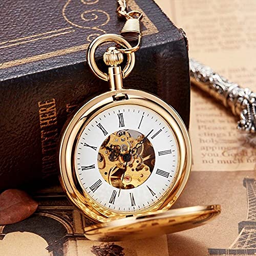 YIHANSS Luxus Gold Mechanische Taschenuhr Männer Frauen Uhr Skelett Getriebe Zifferblatt Flip Goldene Farbe Doppel Fall Kupfer FOB Kette Uhren von TSVSSGFU(売店)