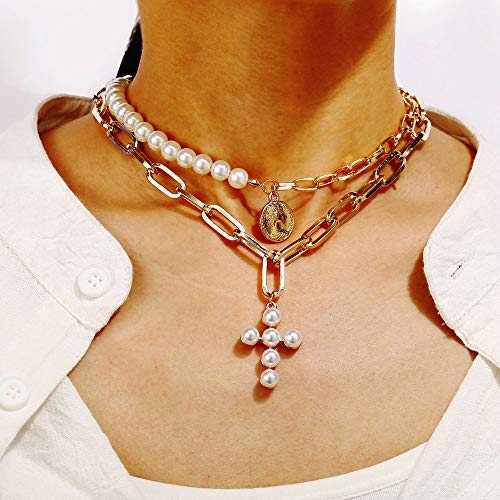 YIHANSS Multi-Layer Cross Pearl Pendant Halskette für Frauen Gold Link Chunky Dick Hals von YIHANSS