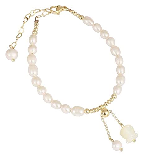 YIHANSS Süßwasserperlen Natursteinarmband Einfaches Armband Lucky Shell Blumenarmband Einfache positive Energie Reiki Chakra Meditation Ladies Urlaub Schmuck Hohlkette für Frauen Zimt von YIHANSS