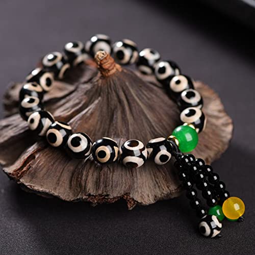YIHANSS Tibetische DZI -Perlen 3 Augen Armband Schwarz weißes Achat Feng Shui Reichtum gegen böse Amulett Rosenkranz Speise günstig Chakra Edelstein Bangle Elastic Lucky Gift für Männer Frauen, 10 mm von YIHANSS