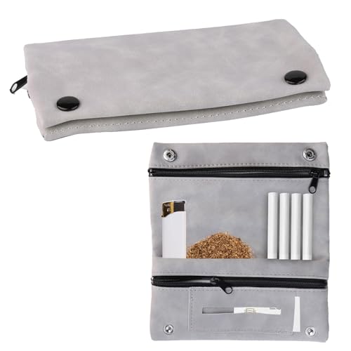 Grau Tabaktasche Drehertasche,Tabakbeutel für Tabak, Tabaktasche Leder,Tabakbeutel für Drehtabak aus hochwertigem Leder mit Reißverschluss und Gummiband,Faltbar Drehtasche mit Filterfach(15.5X5.5 cm) von YIIWONI