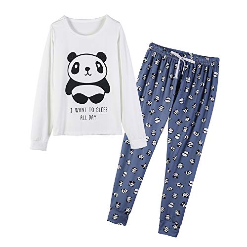 YIJIU Damen nachtwäsche, langärmliges Oberteil und Hose Pyjama Set Panda Print Nighty X-Large Blau von YIJIU