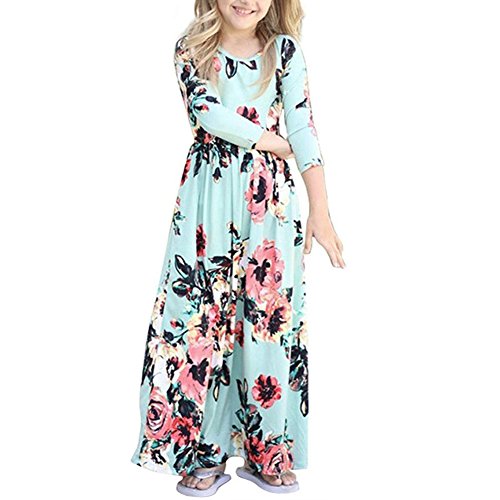 YIJODM Maxikleid für Mädchen, Blumenmuster, kurze Ärmel, Kleid mit Taschen, langes Sommerkleid, Urlaubskleid, Grün, 3/4-Ärmel, 11-12 Jahre von YIJODM