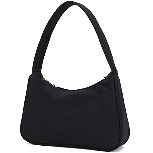 YIKOEE Kleine Nylon-Schultertaschen für Damen, elegante feminine Mini-Handtaschen mit Reißverschluss, Schwarz, Small von YIKOEE