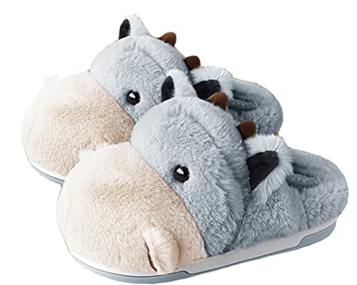 YILANLAN Niedliche Nilpferd Cartoon Tier Hausschuhe Damen Herren Warme Winter Pelzige Hausschuhe (37/38, Grey slipper, numeric_37) von YILANLAN