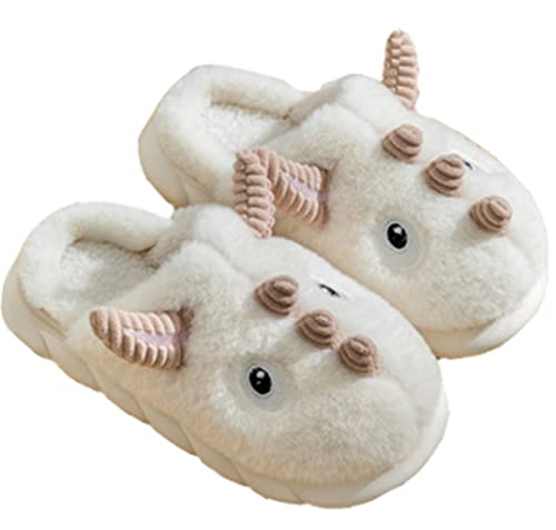 YILANLAN Tier Dinosaurier Pantoffeln für Frauen Männer Nettes Haus Weiche Fuzzy Winter Erwachsener Rutschschutz Hausschuhe (Weiß, adult, numeric_38, numeric_range, eu_footwear_size_system, numeric_39) von YILANLAN