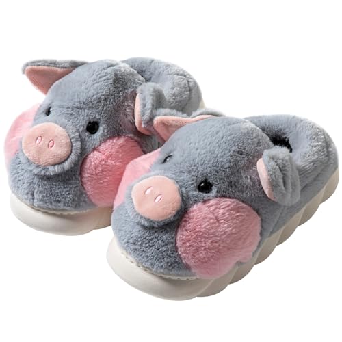YILANLAN Winter süße Tier Schwein Plüsch Damen Hausschuhe Indoor warme rutschfeste All-Inclusive Frühlings- und Herbst-Plateaupantoffeln (39/40, Grey, numeric_39) von YILANLAN