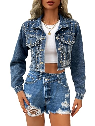 YILANUOYI Damen-Jeansjacke mit Nieten, kurze Jeans mit gewaschenen Perlen, 171 Blau, X-Small von YILANUOYI