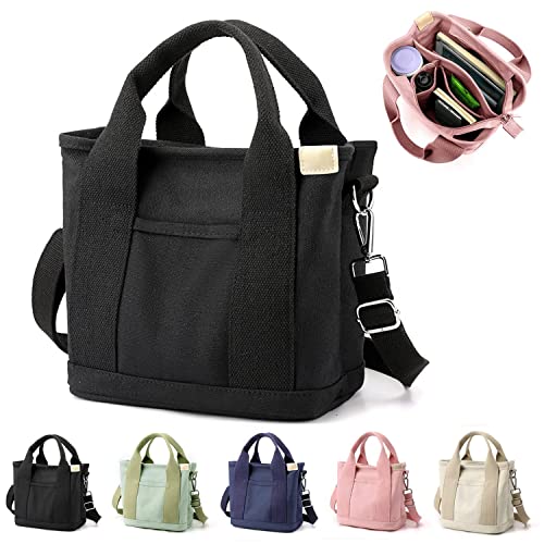 YILCER Multi-Pocket Tote Bag with Zipper, Canvas Japanese Handmade Handbag with Compartments, Multifunction Crossbody Shouder Bag Bag Work for Women Teen Girls School Work Travel, Schwarz-S, 9 * 8.3 * von YILCER