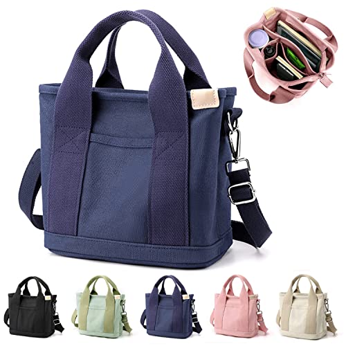 YILCER 2023 neue Multi-Pocket Tote Bag mit Reißverschluss, japanische handgefertigte große Kapazität Handtasche Damen Canvas Crossbody Tasche, dunkelblau von YILCER