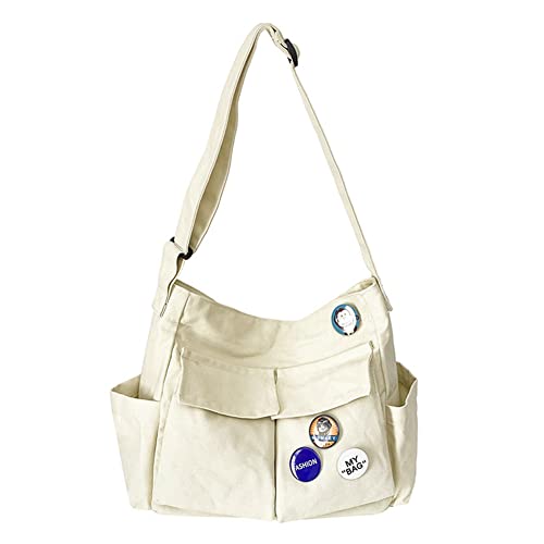 YILCER Canvas Crossbody Tasche für Frauen Mädchen, Canvas Schultertaschen Ästhetische Messenger Bag Hobo Tote Bag für Schule, Reisen, Freizeit, Alltag, weiß von YILCER