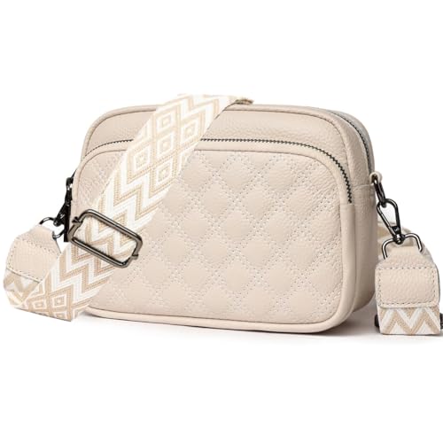 YILCER Crossbody Tasche für Frauen, Kleine Echt Leder Kamera Handtasche Breiter Gurt Damen Cross Body Bag Pom Pom Taschen Crossover Umhängetaschen mit verstellbarem und abnehmbarem Gitarrengurt, von YILCER