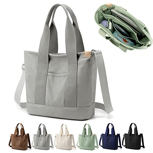 YILCER Multi-Pocket Tote Bag mit Reißverschluss, Canvas Japanische Handmade Handtasche mit Fächern, Multifunktions Crossbody Schultertasche für Frauen Teen Girls Schule Arbeit Reisen, Grau - Mittel von YILCER