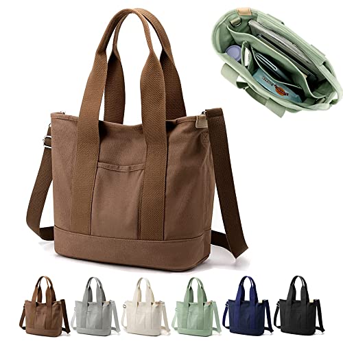 YILCER Multi-Pocket Tote Bag with Zipper, Canvas Japanese Handmade Handbag with Compartments, Multifunction Crossbody Shouder Bag Bag Work for Women Teen Girls School Work Travel, Kaffee - Medium, von YILCER