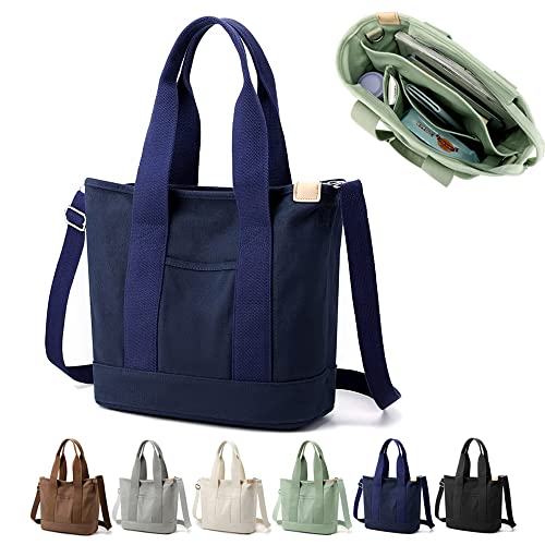 YILCER Multi-Pocket Tote Bag with Zipper, Canvas Japanese Handmade Handbag with Compartments, Multifunction Crossbody Shouder Bag for Women Univisity School Work Travel, Dunkelblau - Medium, Large von YILCER