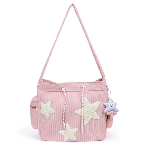 YILCER Niedliche Kuriertasche, Kawaii Canvas Crossbody Tasche Y2K Stern Geldbörse für Frauen Mädchen Schule, Rosa, Pink von YILCER