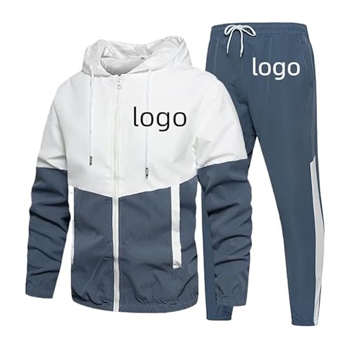 YILDEX Personalisierte Ihr Logo Herren Trainingsanzug 2 Stück Sport Set Jogging und Hoodies Benutzerdefinierte Langarm Mantel Reißverschluss Bis Patchwork Kleidung Blue,Large von YILDEX