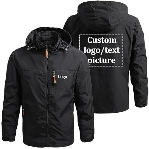 YILDEX Personalisierte Logo Herren Windbreaker Jacken Oberbekleidung Benutzerdefinierte Wasserdicht Mantel Black,Large von YILDEX