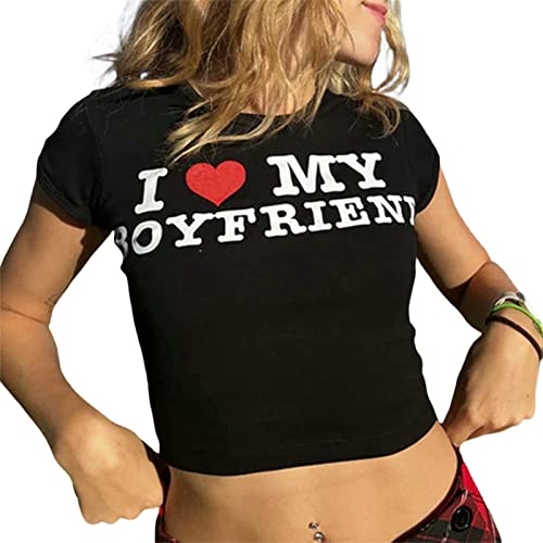YILEEGOO Damen Basic Slim Fit T-Shirt Tops Kurzarm Y2K Tops Valentinstag Brief ""I Love My Boyfriend"" Print Crop Tops Club Party Streetwear, Schwarz , Large von YILEEGOO
