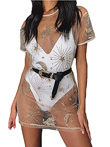 Damen-Bikini, glitzernd, Pailletten, durchsichtig, Strandkleid Gr. X-Large, gold von YILEEGOO