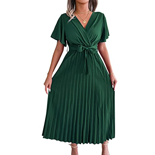 Damen Casual Gürtel Plissee Volant Ärmel Langes Kleid Wrap V Ausschnitt A-Linie Plissee Saum Flowy Swing Midi Kleider, grün, Medium von YILEEGOO