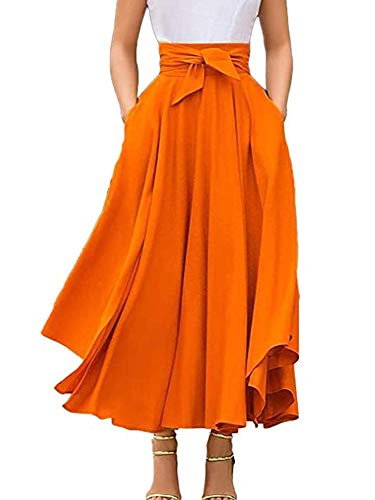 Damen Elastische Taille Midirock A-Linie Party Lang Swing Rock Casual Hohe Taille Faltenrock, Orange, 40 von YILEEGOO