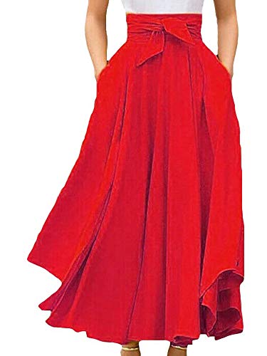 Damen Elastische Taille Midirock A-Linie Party Lang Swing Rock Casual Hohe Taille Faltenrock, rot, 52 von YILEEGOO