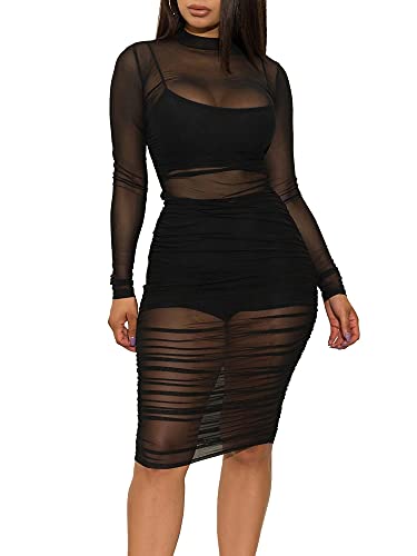 Damen Mesh Sheer Bikini Cover Ups Langarm durchsichtig Bodycon Minikleid Beachwear, Schwarz, 3-teiliges Set, XXX-Large von YILEEGOO