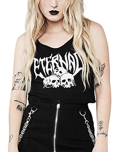 Frauen Punk Goth Crop Top Grafikdruck E-Girl Casual Tank Top Weste T-Shirt Y2K Streetwear für Mädchen, Schwarz , M von YILEEGOO