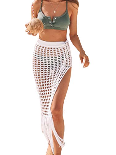 Damen Sommer Spitze gehäkelter Strand Maxi Rock Sexy Kleid Hollow Out Wrap Bademode Cover Up Schal Bikini Gr. 36, weiß von YILEEGOO
