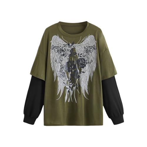 Damen Vintage Grafik Grunge Tops Y2K Gothic Langarm Fake-Two Shirt Frühling Herbst Teenager Mädchen Alternative Kleidung, 07-army grün, Large Damen Vintage Grafik Grunge Tops Y2K Gothic Langarm Fake-Two Shirt Frühling Herbst Teenager Mädchen Alternative Kleidung, 07-army grün, Large von YILEEGOO