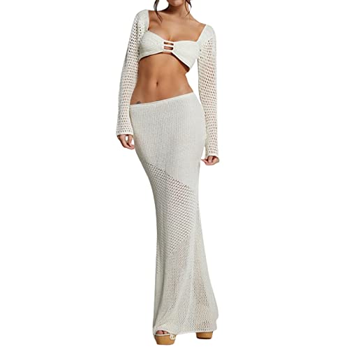 YILEEGOO 2-teiliges Maxirock-Set für Damen, langärmelig, bauchfrei, hohe Taille, figurbetonter Strickrock, Strandbekleidung, Häkeln: Weiß, L von YILEEGOO