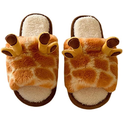 YILEEGOO 3D Giraffe Druck Winter Indoor Slippers, Cute Fuzzy Animal Plüsch Warm Home Scuff Shoes for Women (White Orange 1, 38-39) von YILEEGOO