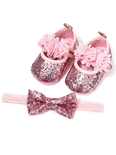 YILEEGOO Baby Mädchen Pailletten Glitzer Schuhe Weiche Sohle Prewalker Mary Jane Prinzessin Party Kleid Krippe Schuhe mit Schleife Stirnband, Rose, 0-6 Monate von YILEEGOO