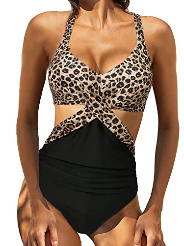 YILEEGOO Damen-Badeanzug, einteilig, Push-Up, hohe Taille, Cutout-Monokini, Bademode, Leopard+schwarz, XL von YILEEGOO
